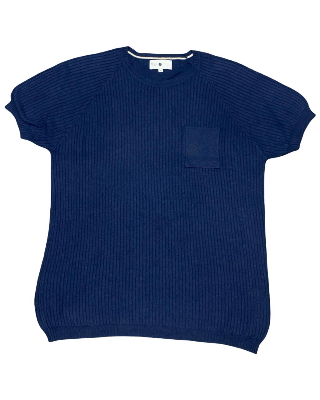 M&S x Kestin Hare Navy Blue Ribbed Knit Sweater Tee | Size Medium | Chest 20.5”