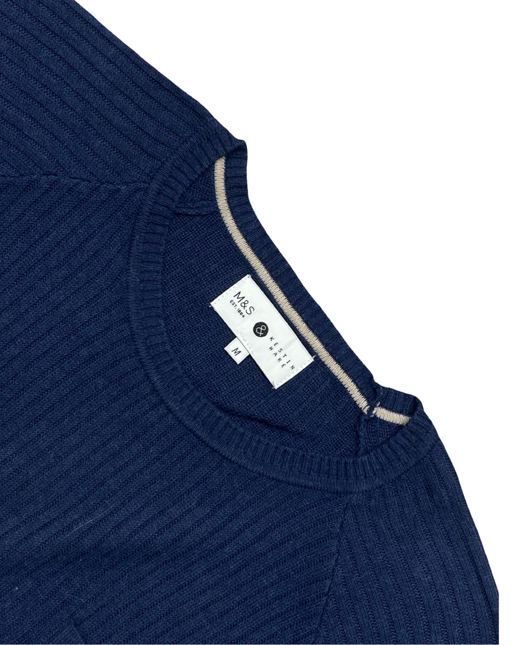 M&S x Kestin Hare Navy Blue Ribbed Knit Sweater Tee | Size Medium | Chest 20.5”