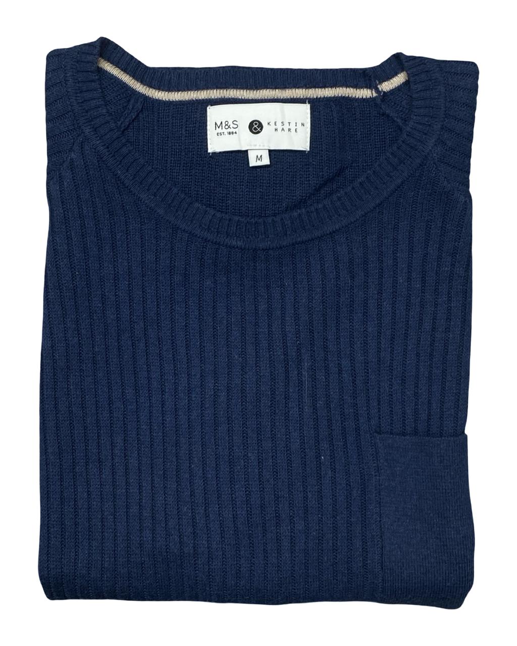 M&S x Kestin Hare Navy Blue Ribbed Knit Sweater Tee | Size Medium | Chest 20.5”