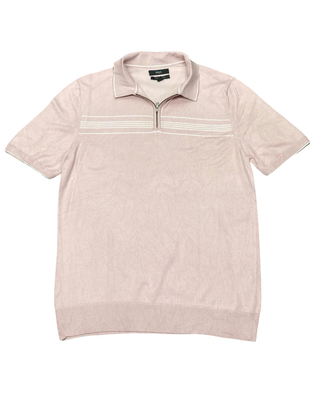 M&S Pale Pink Cotton Blend Knit Polo Shirt | Size Small | Chest 20”