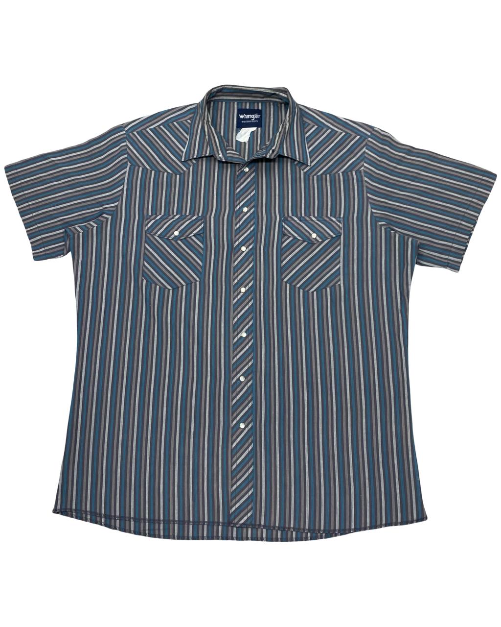 Wrangler Blue & Grey Striped Western Short-Sleeve Shirt | Size XL | Chest 26”