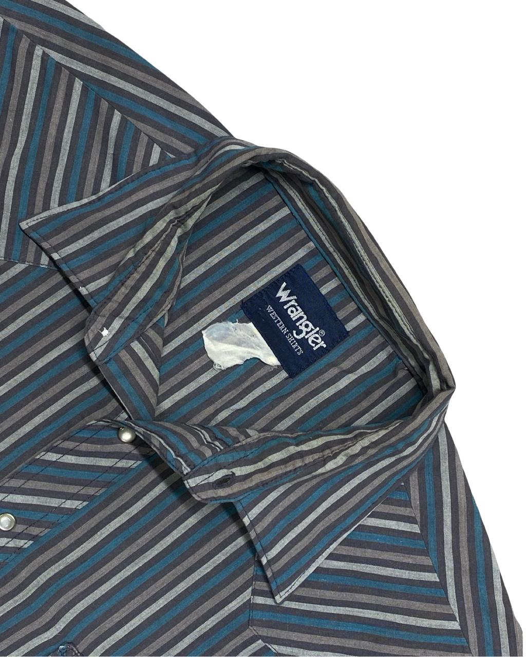 Wrangler Blue & Grey Striped Western Short-Sleeve Shirt | Size XL | Chest 26”