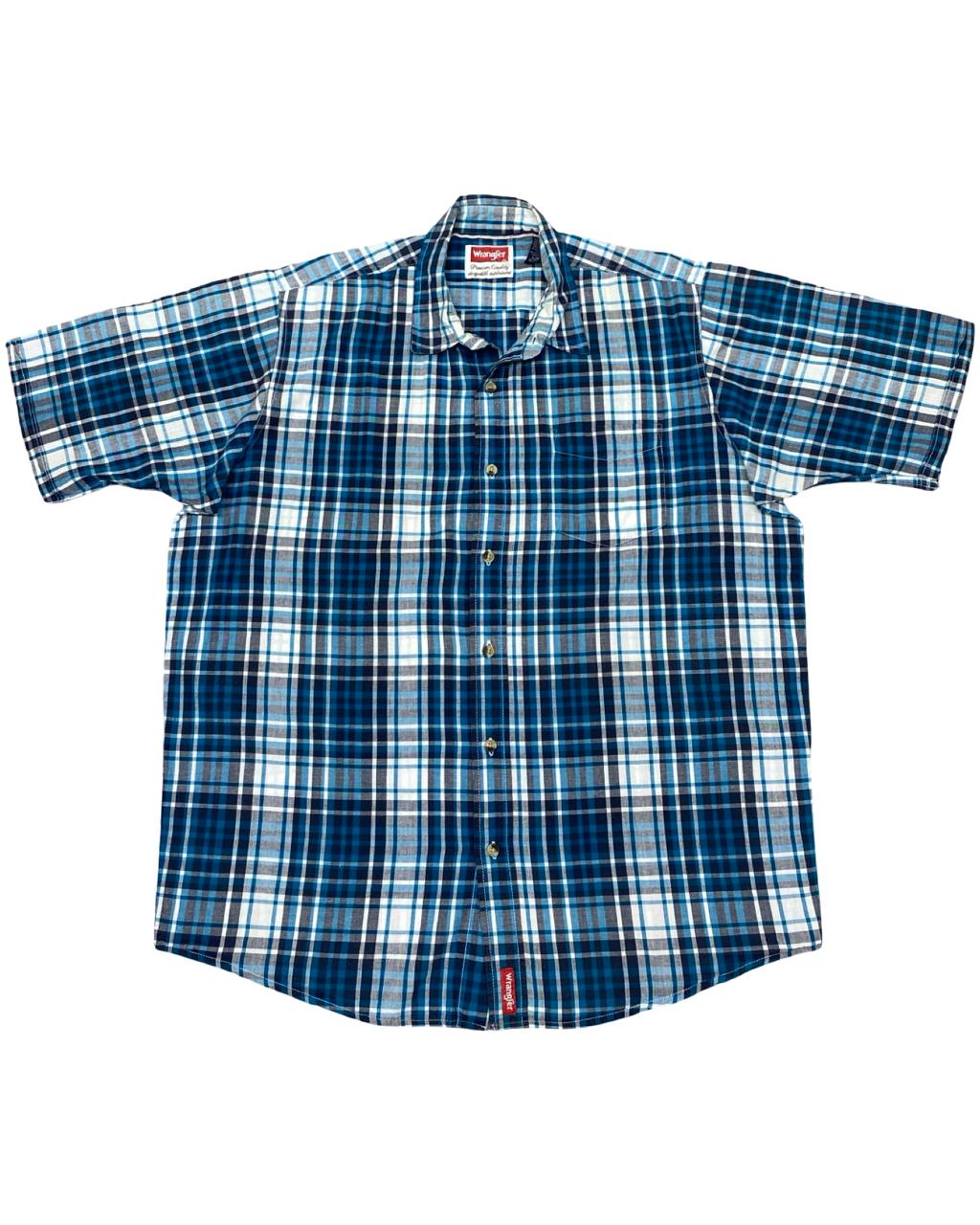Wrangler Blue Plaid Short-Sleeve Button-Up Shirt | Size Large | Chest 25”
