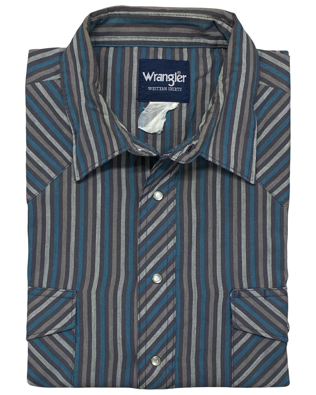 Wrangler Blue & Grey Striped Western Short-Sleeve Shirt | Size XL | Chest 26”