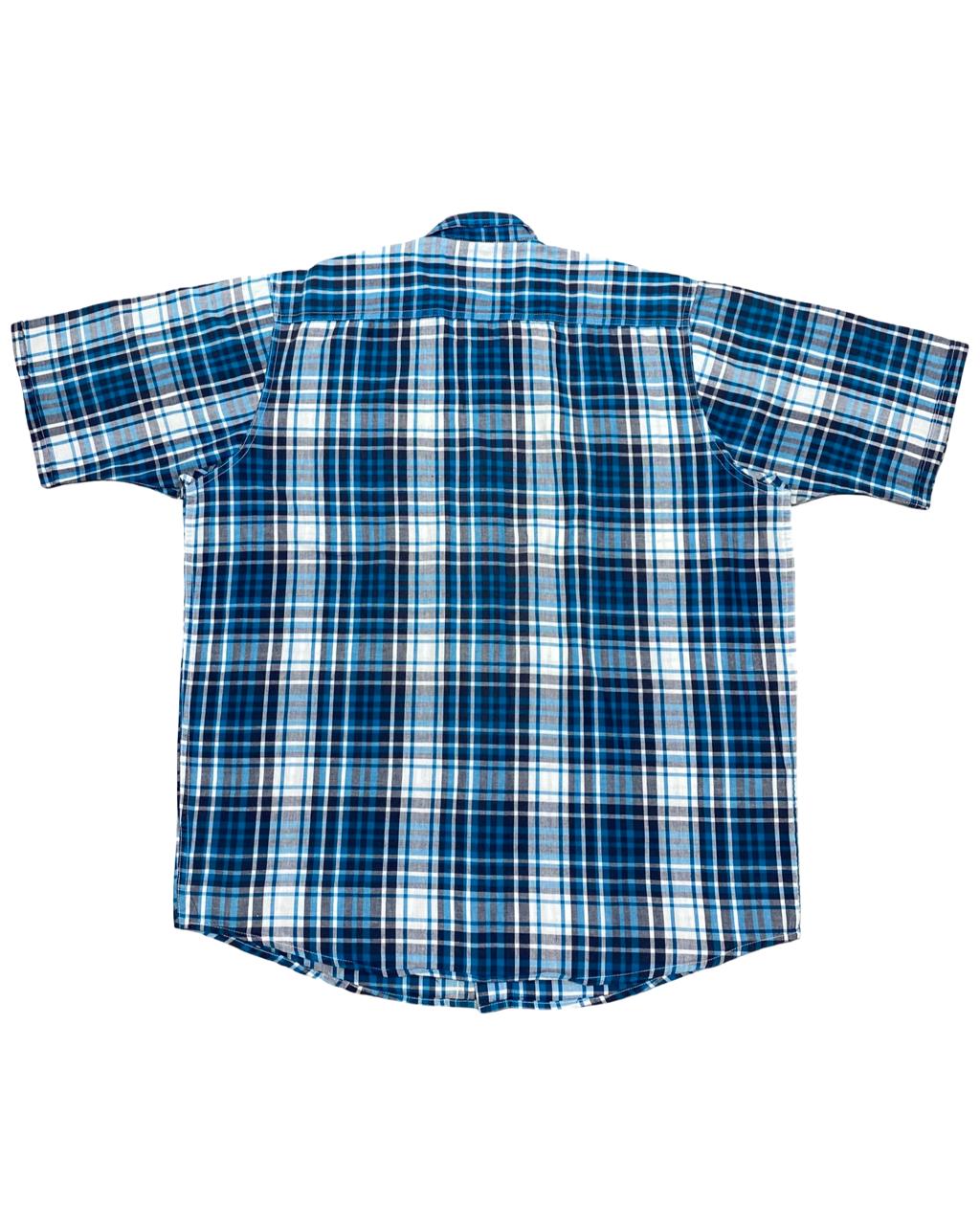 Wrangler Blue Plaid Short-Sleeve Button-Up Shirt | Size Large | Chest 25”