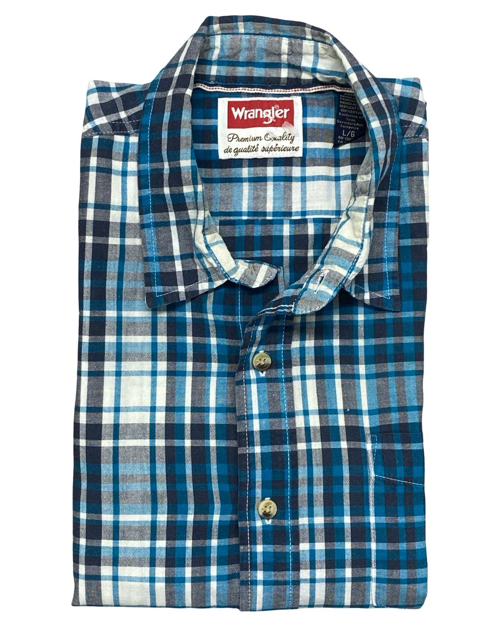 Wrangler Blue Plaid Short-Sleeve Button-Up Shirt | Size Large | Chest 25”