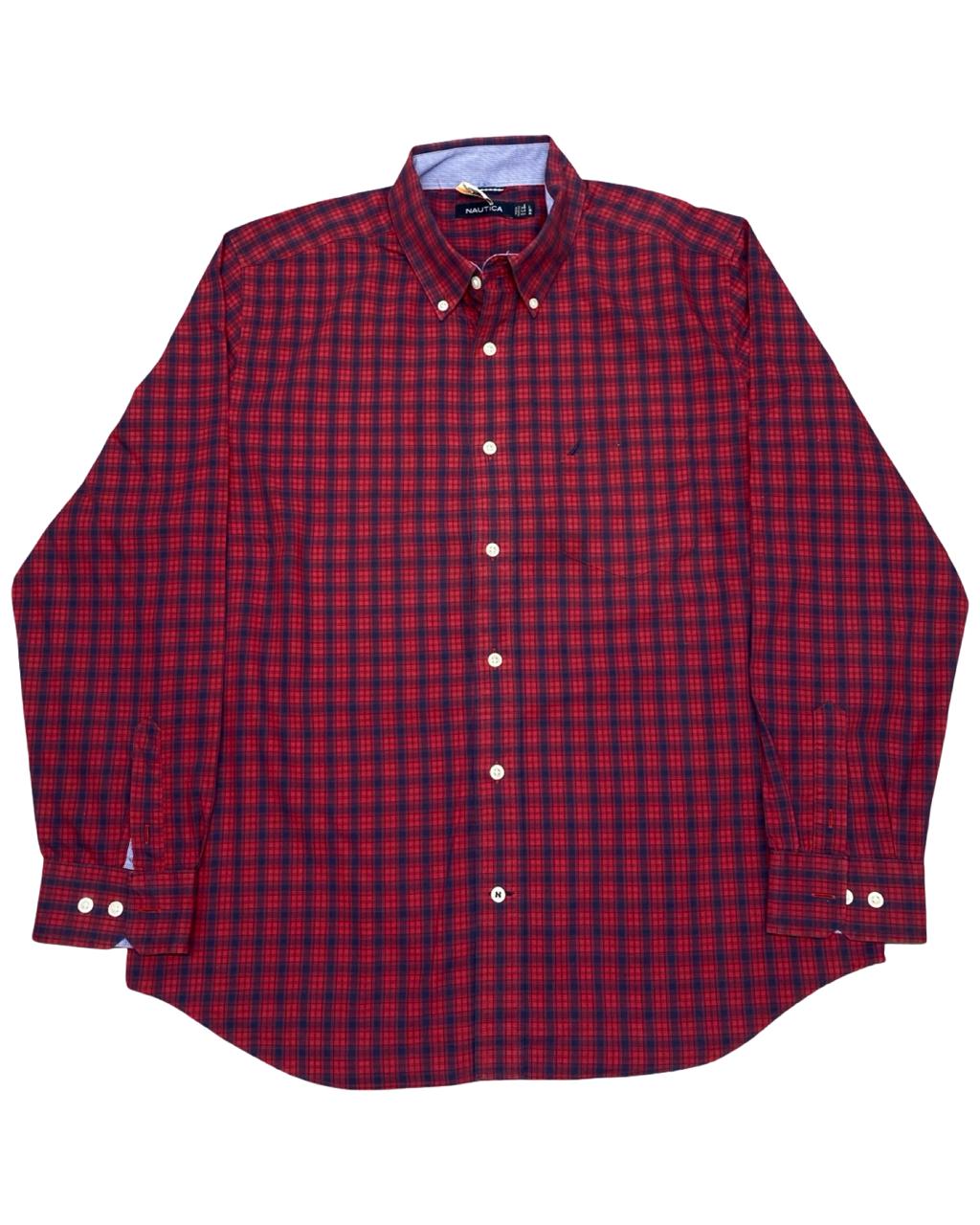 Nautica Red & Navy Micro-Check Button-Down Shirt | Size Large | Chest 24”