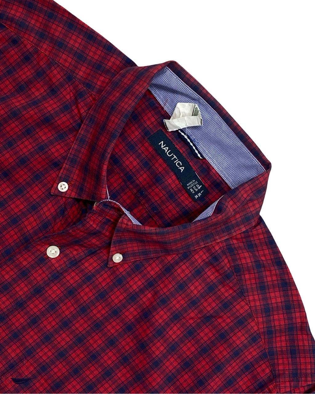 Nautica Red & Navy Micro-Check Button-Down Shirt | Size Large | Chest 24”