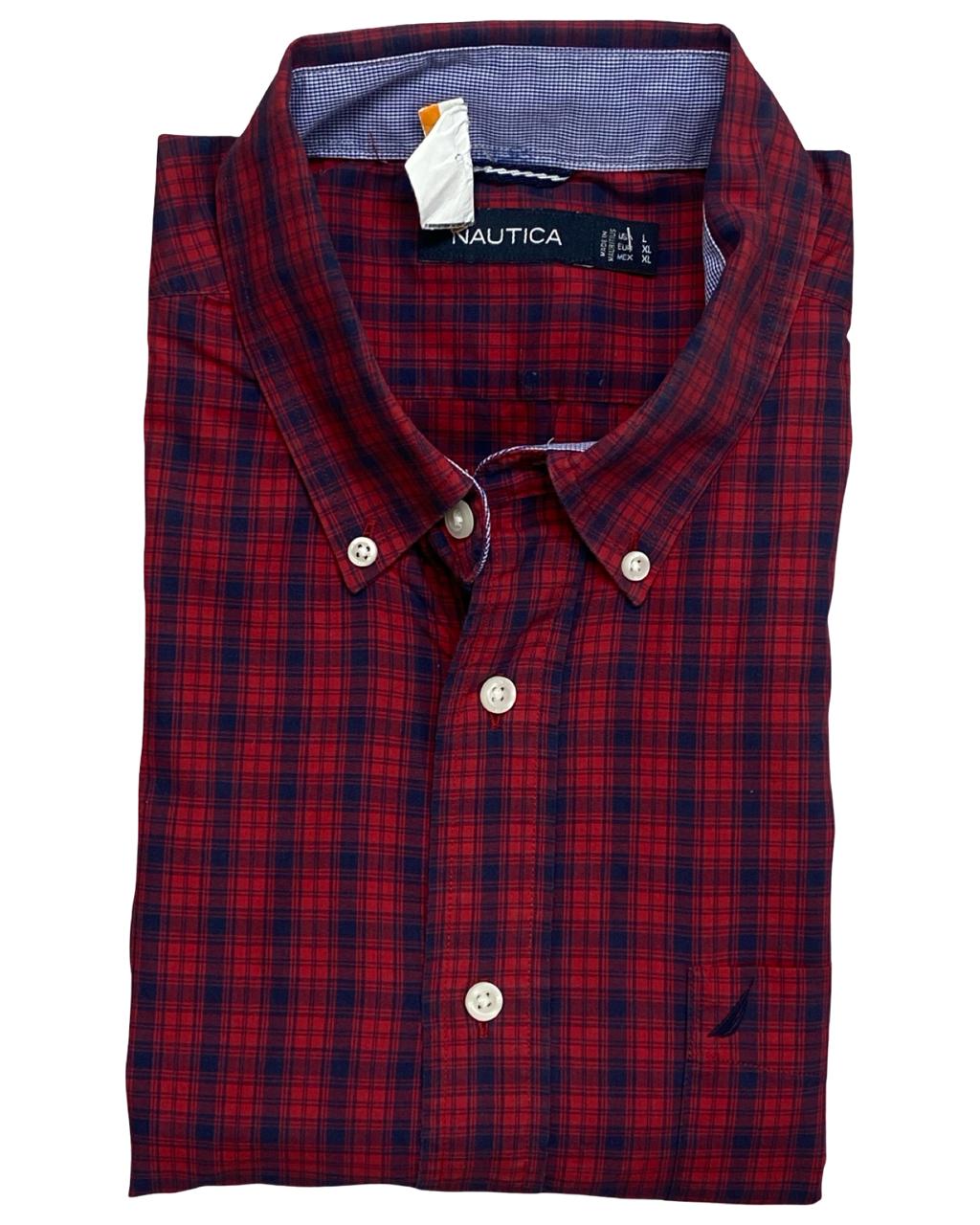 Nautica Red & Navy Micro-Check Button-Down Shirt | Size Large | Chest 24”
