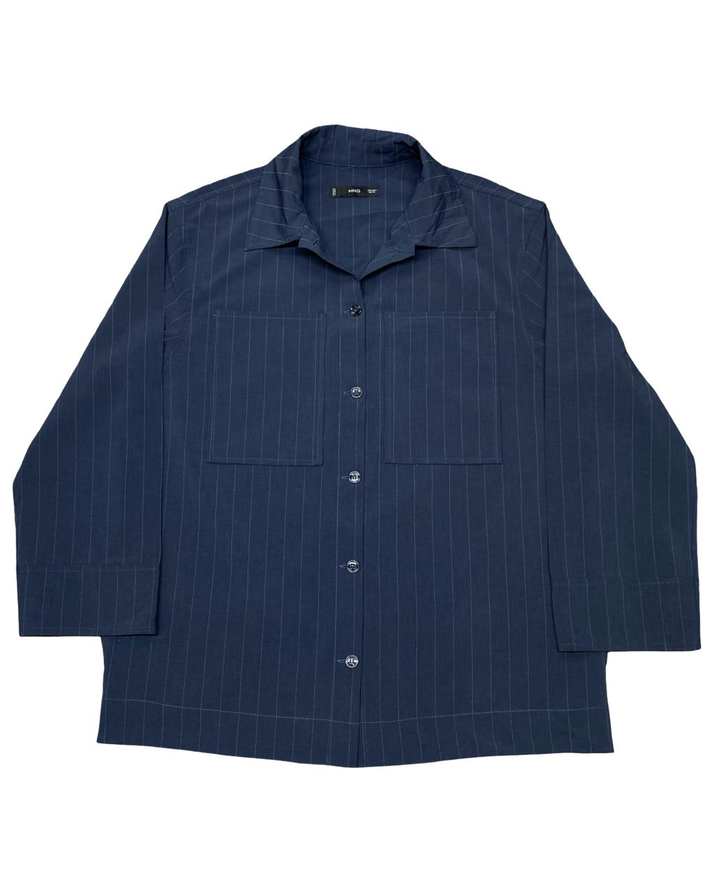 MNG Navy Pinstripe Button-Up Overshirt | Size Medium | Chest 22.5”