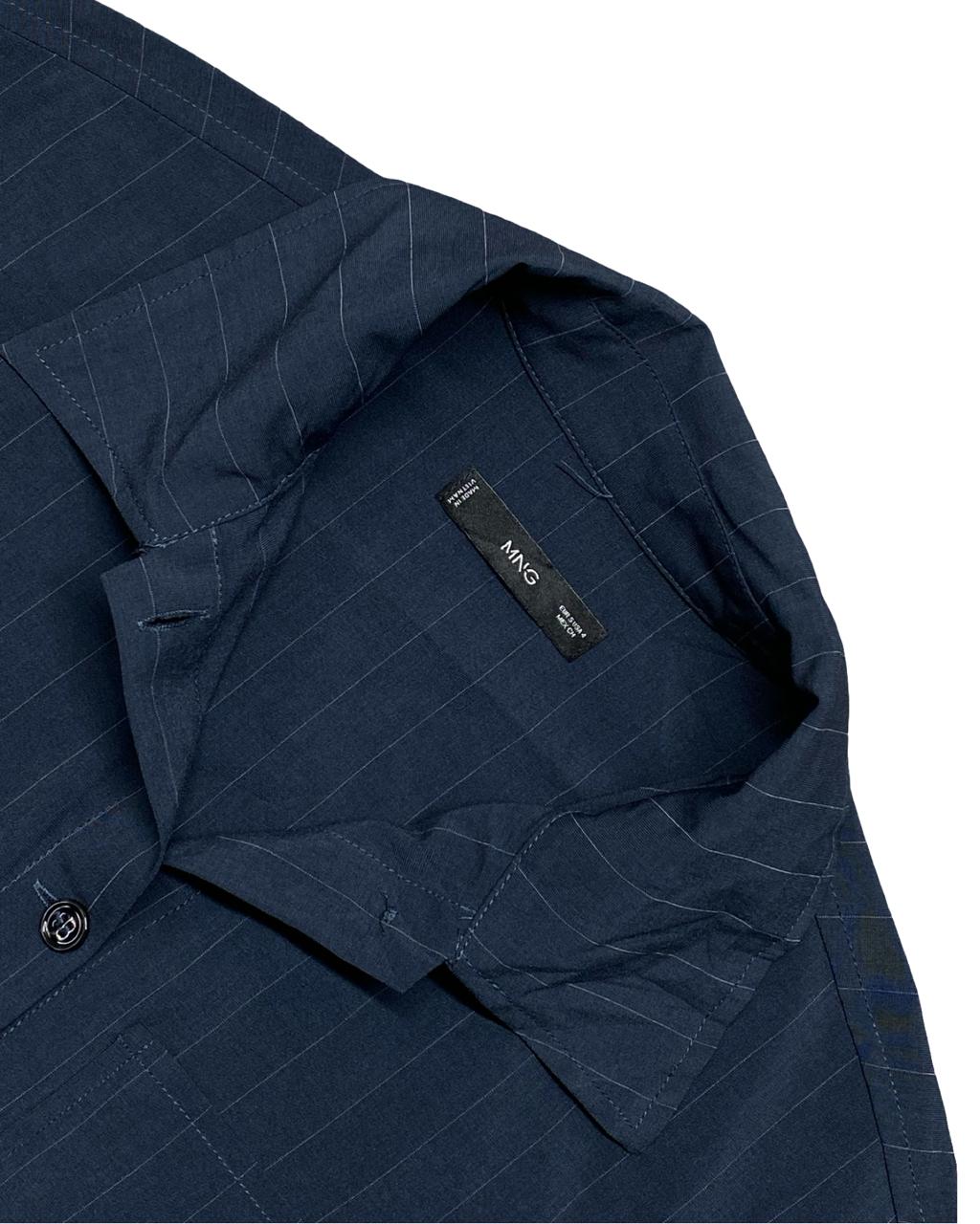 MNG Navy Pinstripe Button-Up Overshirt | Size Medium | Chest 22.5”