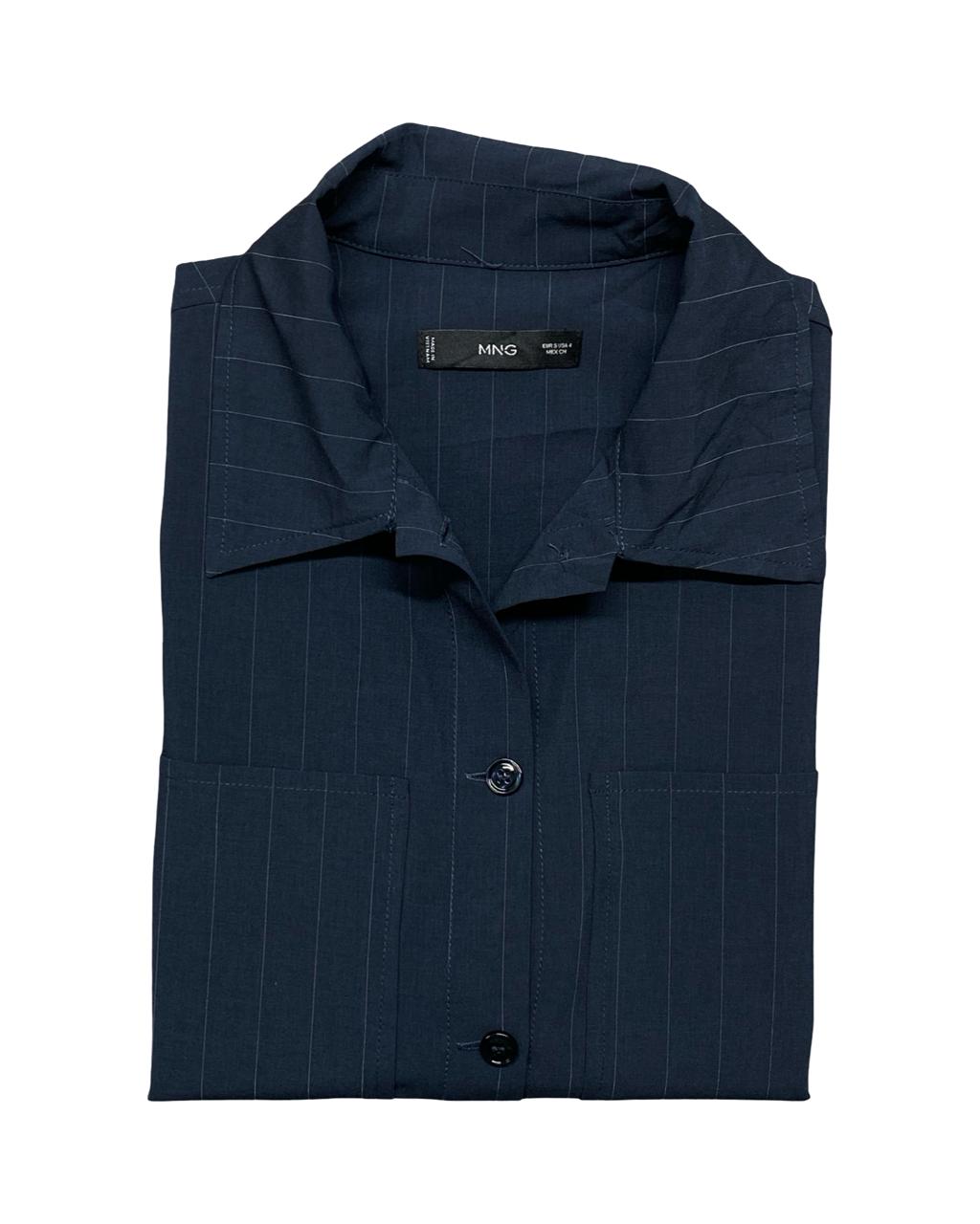 MNG Navy Pinstripe Button-Up Overshirt | Size Medium | Chest 22.5”