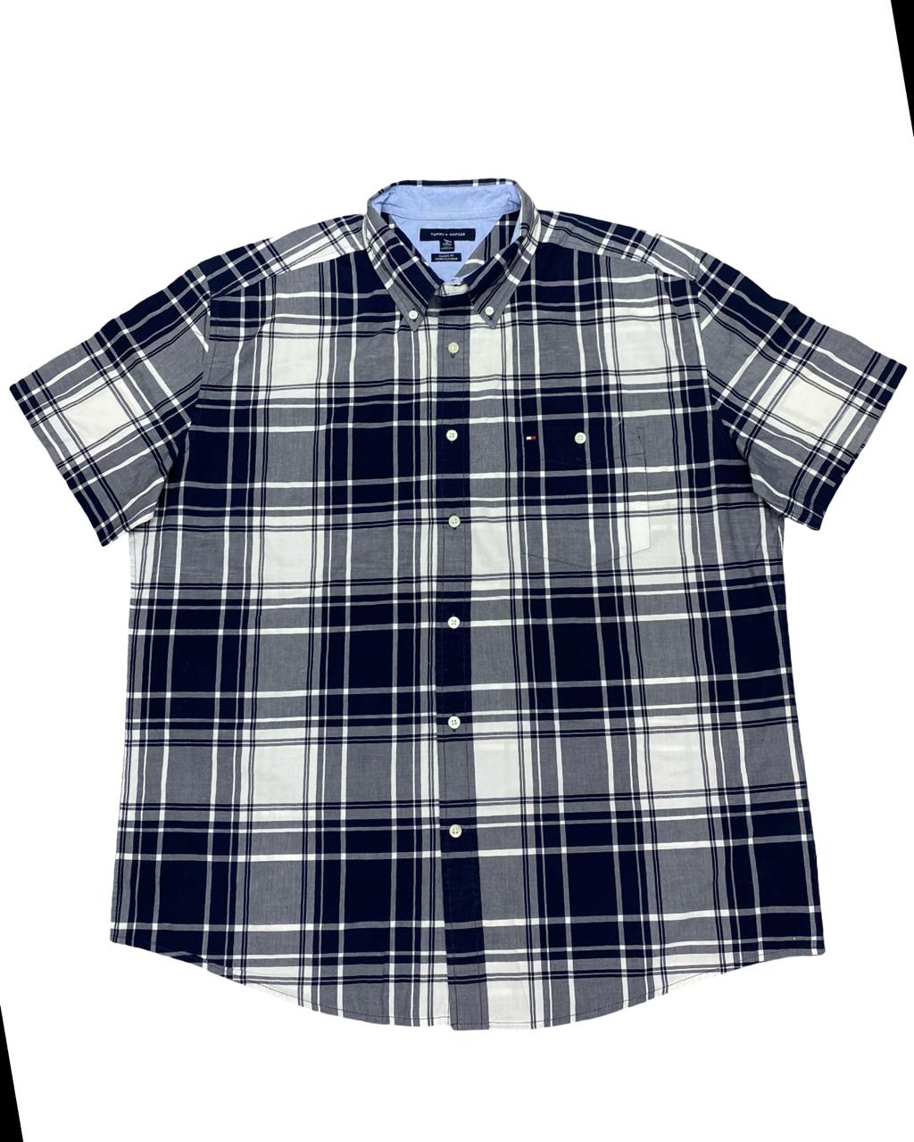 Tommy Hilfiger Black & Grey Plaid Short-Sleeve Shirt | Size XL | Chest 26.5”