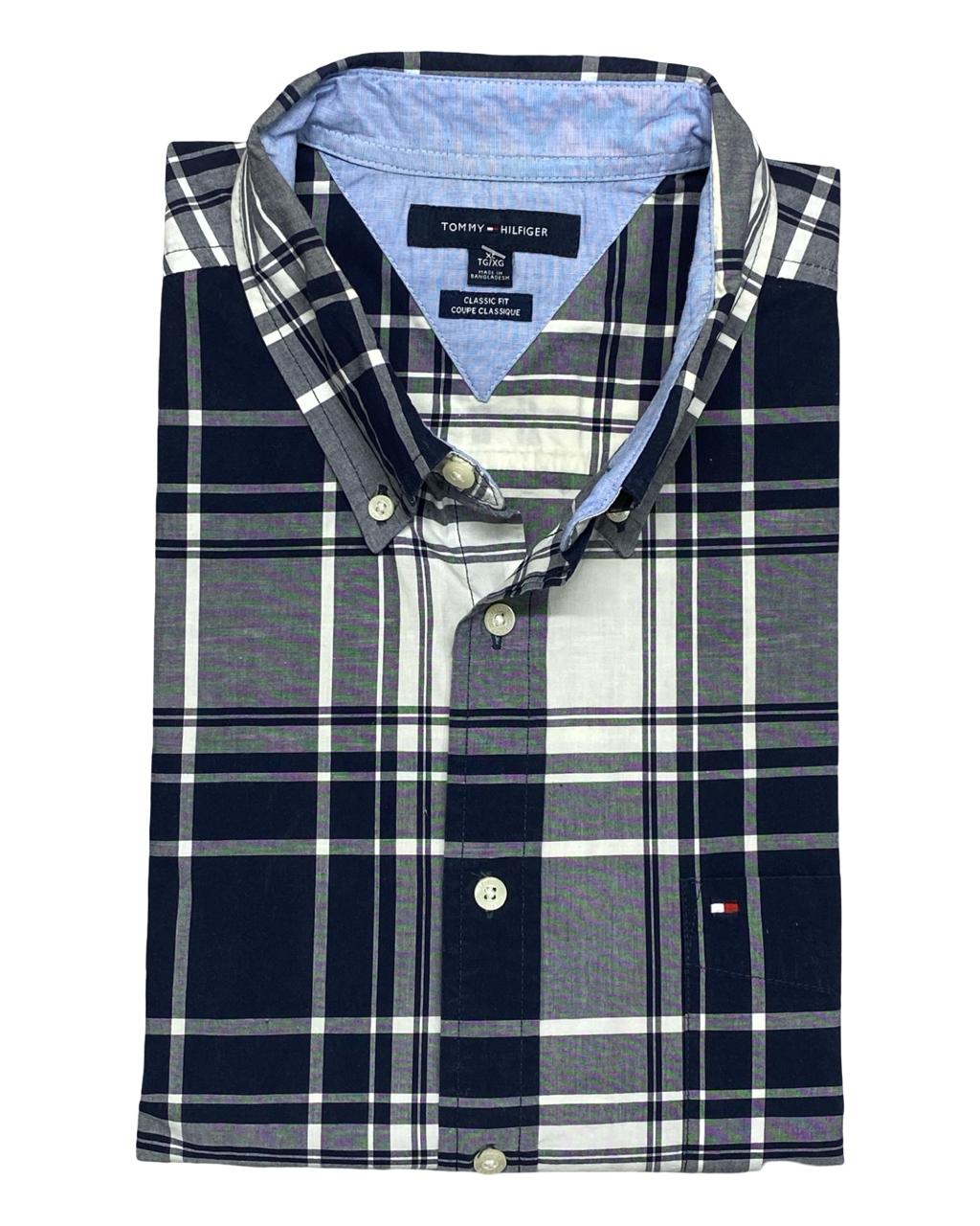 Tommy Hilfiger Black & Grey Plaid Short-Sleeve Shirt | Size XL | Chest 26.5”