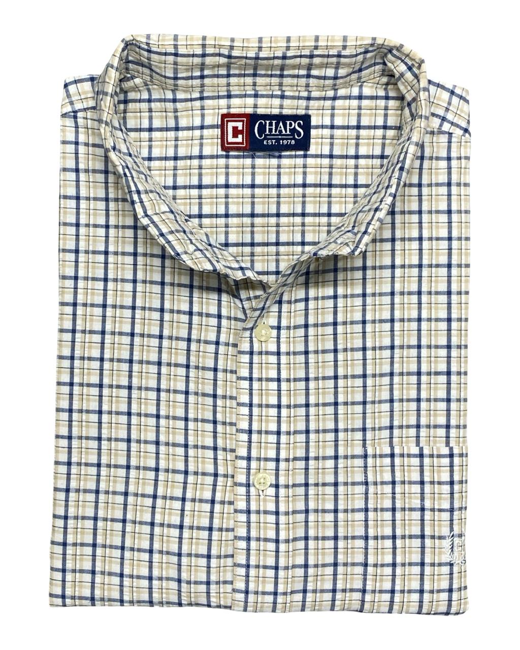 Chaps Beige & Blue Check Short-Sleeve Shirt | Size XXL | Chest 26.5”