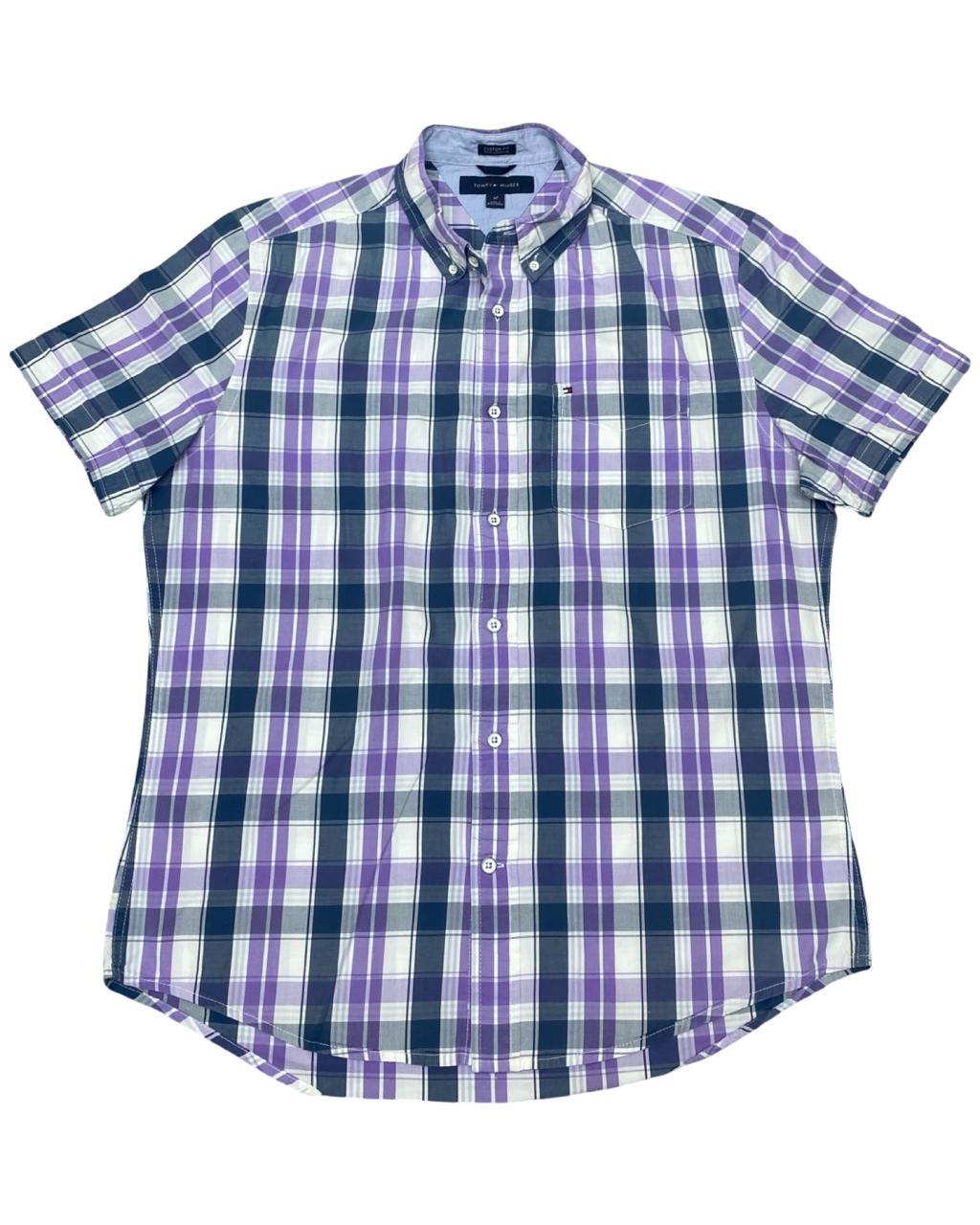 Tommy Hilfiger Purple Plaid Short-Sleeve Button-Down Shirt | Size Medium | Chest 22.5”