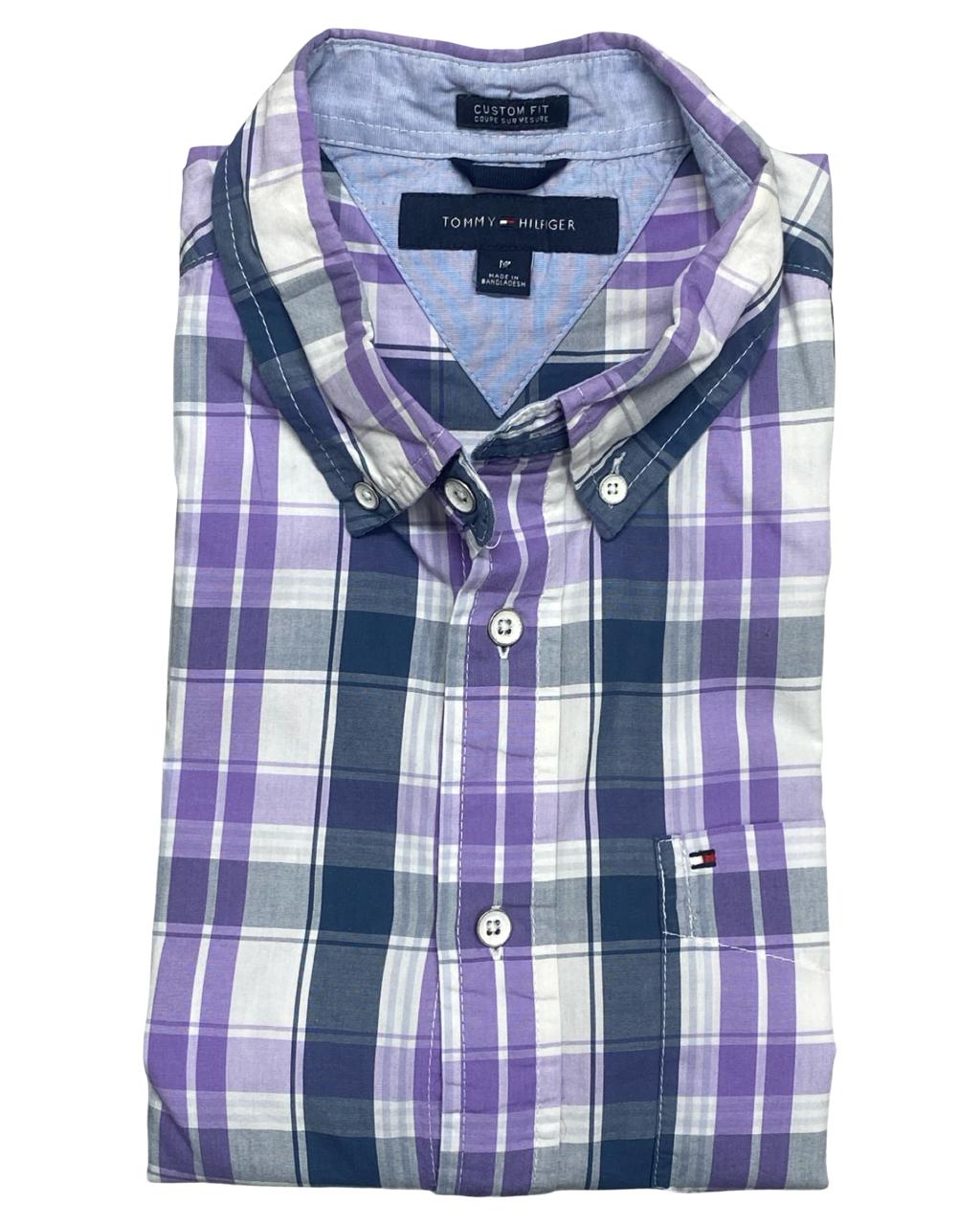Tommy Hilfiger Purple Plaid Short-Sleeve Button-Down Shirt | Size Medium | Chest 22.5”