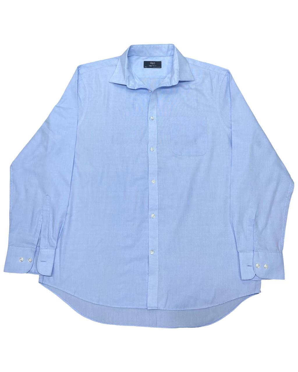 M&S Light Blue Solid Button-Down Shirt | Size Large | Chest 24.5”