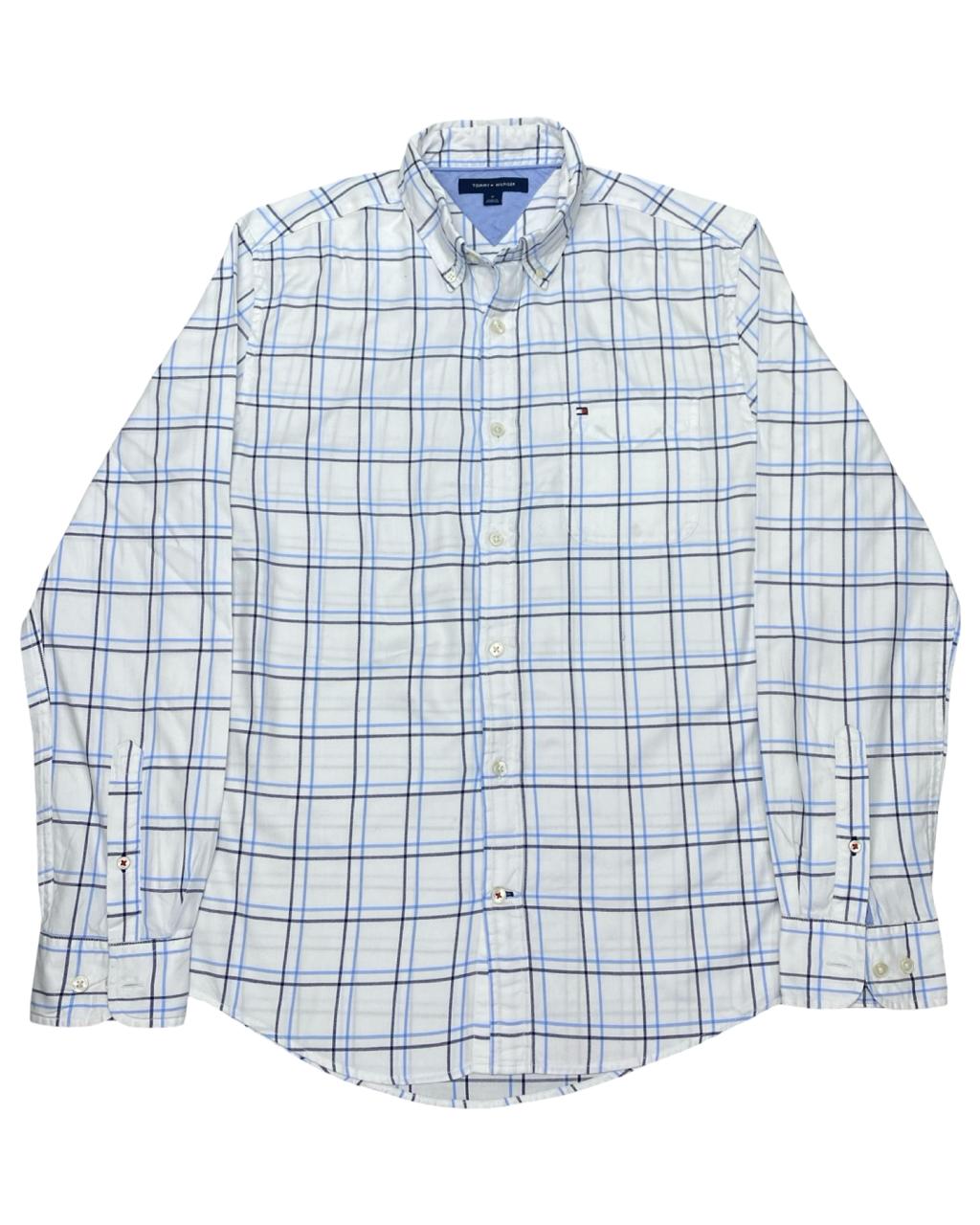 Tommy Hilfiger White & Blue Windowpane Check Button-Down Shirt | Size Medium | Chest 22”