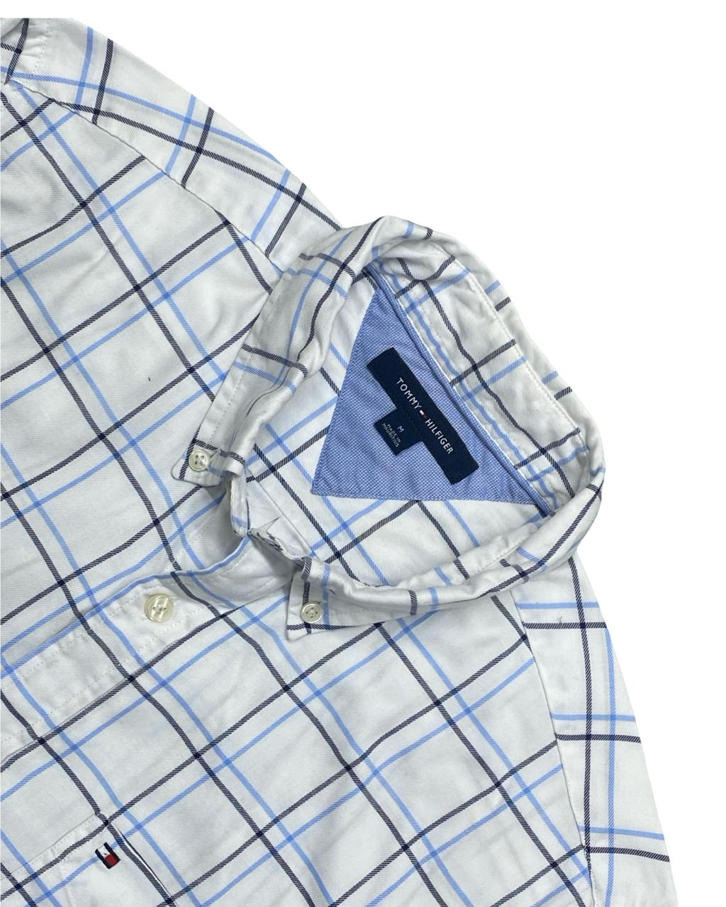 Tommy Hilfiger White & Blue Windowpane Check Button-Down Shirt | Size Medium | Chest 22”