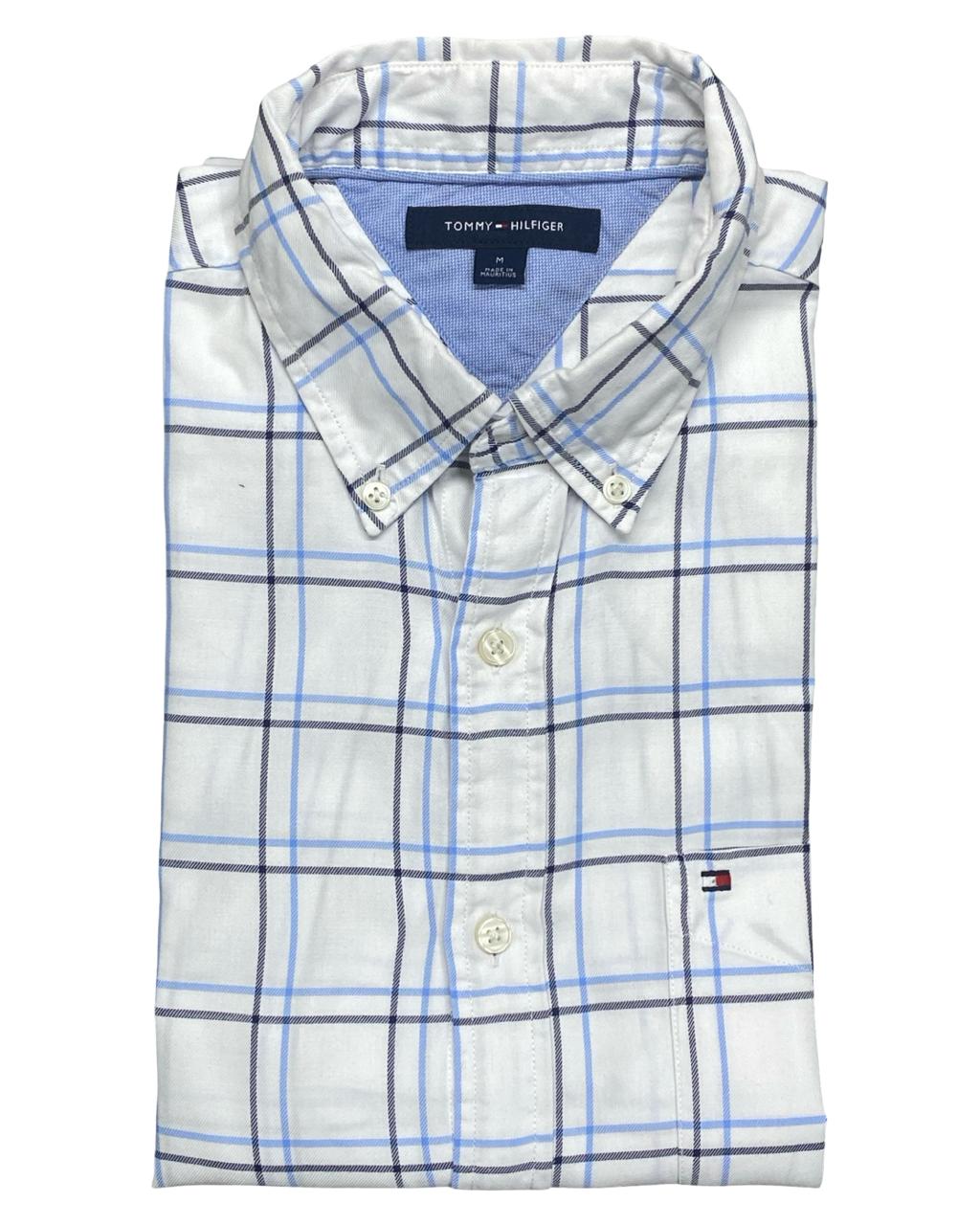 Tommy Hilfiger White & Blue Windowpane Check Button-Down Shirt | Size Medium | Chest 22”