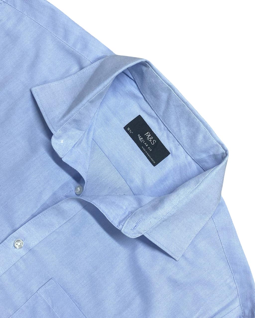M&S Light Blue Solid Button-Down Shirt | Size Large | Chest 24.5”