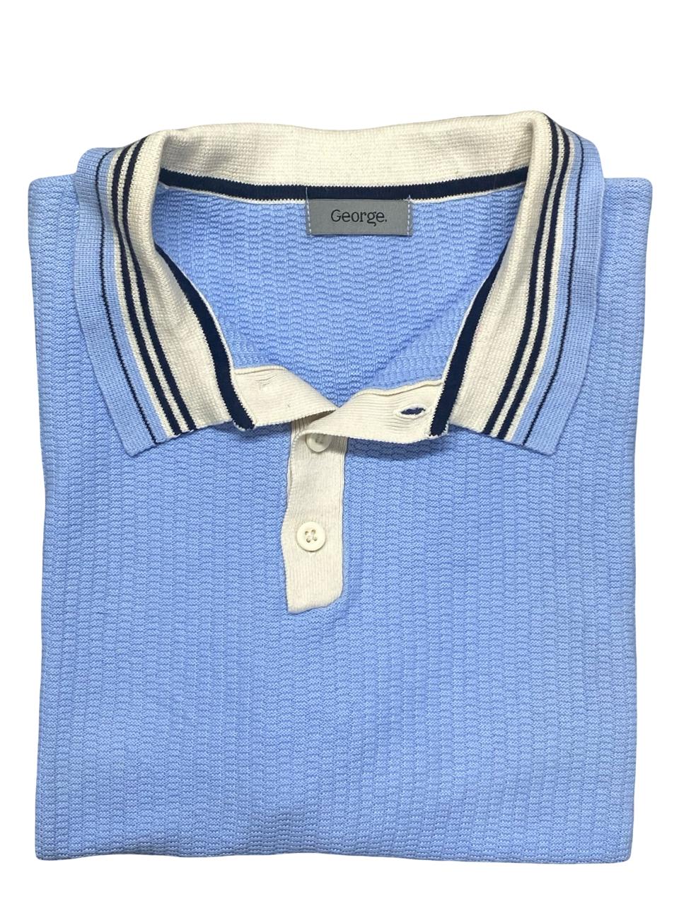 George Sky Blue Textured Knit Polo Shirt | Size Medium | Chest 21.5”