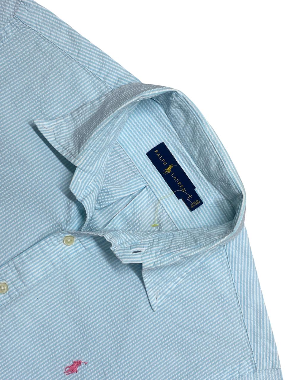 Ralph Lauren Light Blue Striped Seersucker Short-Sleeve Shirt | Large | Chest 23.5”