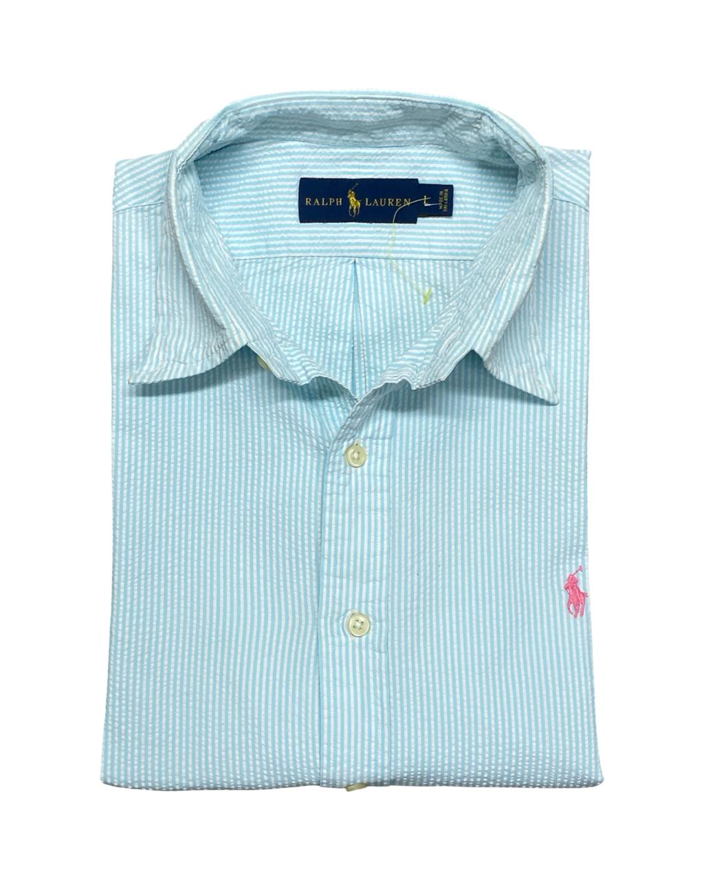 Ralph Lauren Light Blue Striped Seersucker Short-Sleeve Shirt | Large | Chest 23.5”