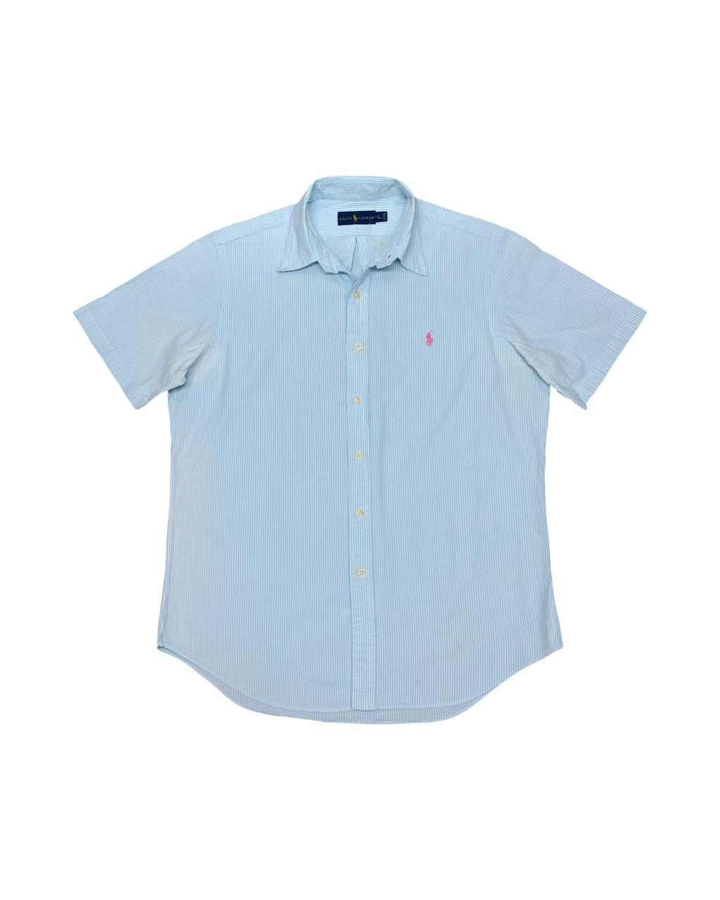 Ralph Lauren Light Blue Striped Seersucker Short-Sleeve Shirt | Large | Chest 23.5”