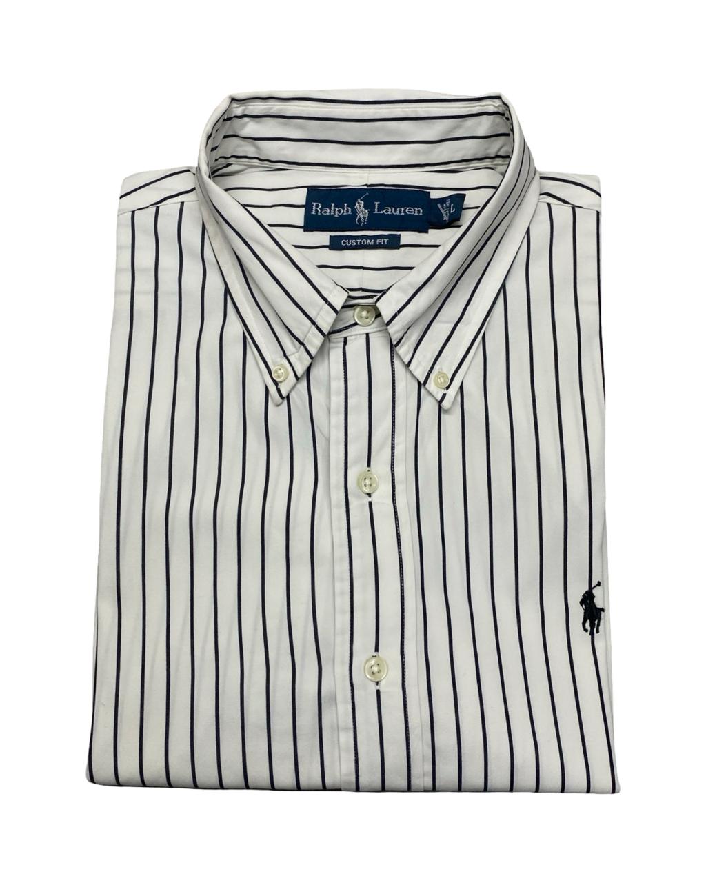 Ralph Lauren Navy Striped Short-Sleeve Shirt | Large | Chest 23.5”