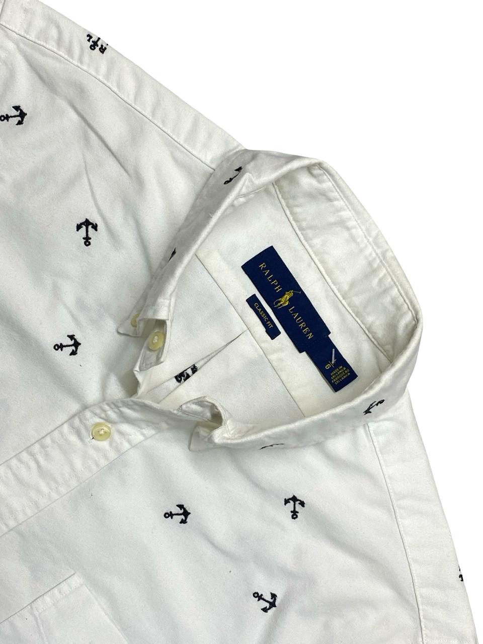 Ralph Lauren White Anchor Print Short-Sleeve Shirt | Large | Chest 23.5”
