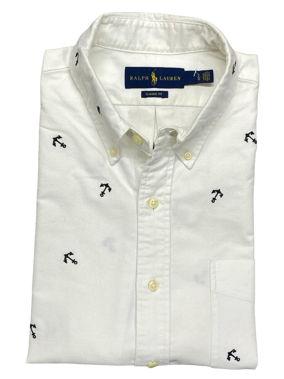 Ralph Lauren White Anchor Print Short-Sleeve Shirt | Large | Chest 23.5”
