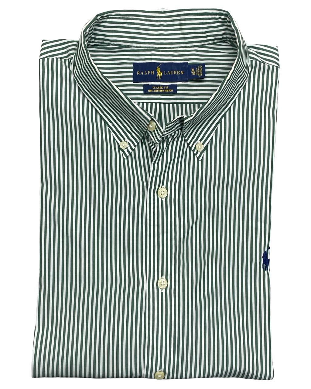 Ralph Lauren Green & White Striped Button-Down Shirt | Size XL | Chest 26.5”