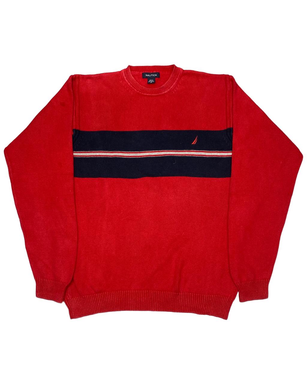 Nautica Red & Navy Colorblock Chest-Stripe Knit Sweater | Size Large | Chest 22”