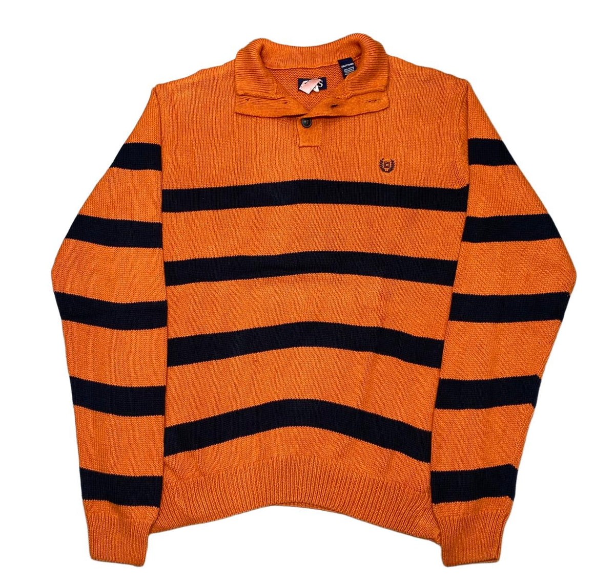 Chaps Orange & Navy Striped Button-Collar Knit Sweater | Size Large | Chest 24.5”
