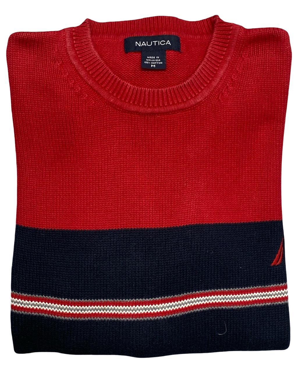 Nautica Red & Navy Colorblock Chest-Stripe Knit Sweater | Size Large | Chest 22”