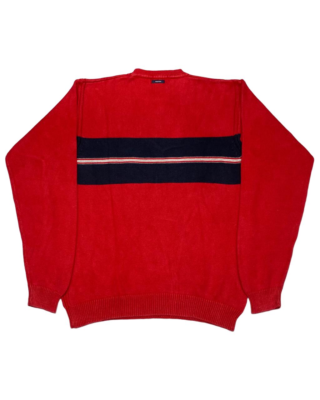 Nautica Red & Navy Colorblock Chest-Stripe Knit Sweater | Size Large | Chest 22”