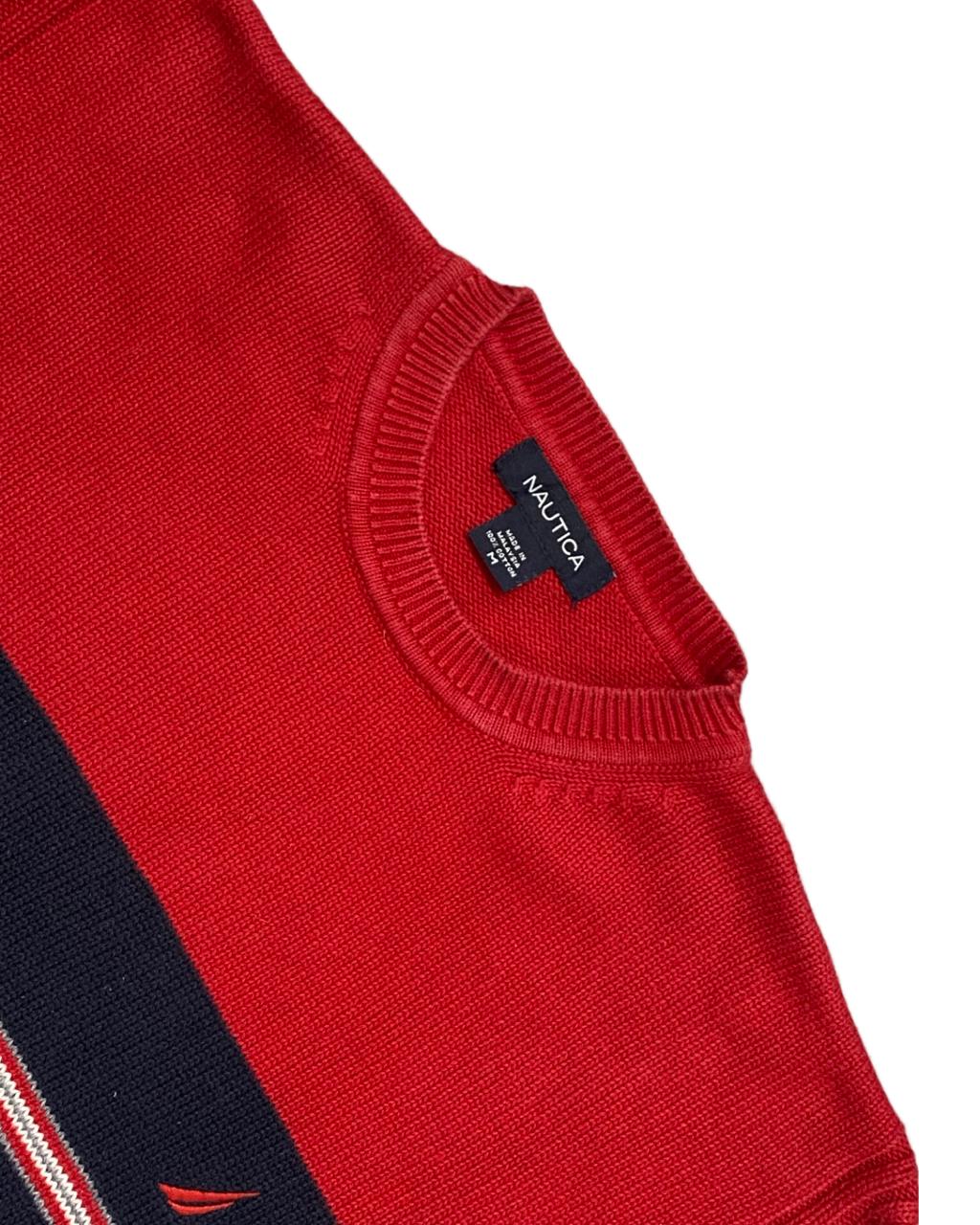 Nautica Red & Navy Colorblock Chest-Stripe Knit Sweater | Size Large | Chest 22”
