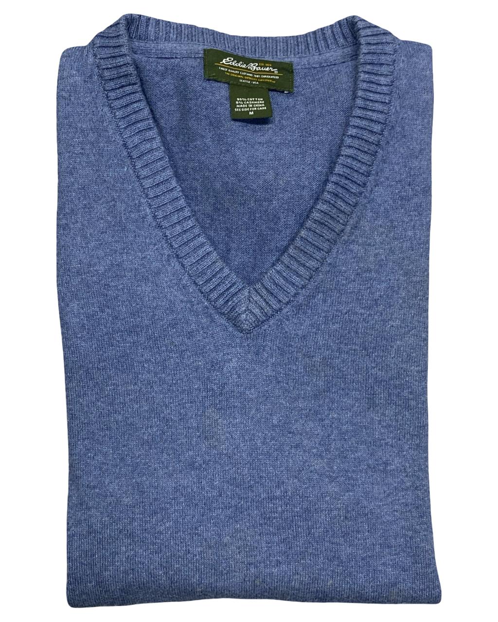 Eddie Bauer Heathered Blue Cotton-Cashmere V-Neck Sweater | Size Medium | Chest 22.5”