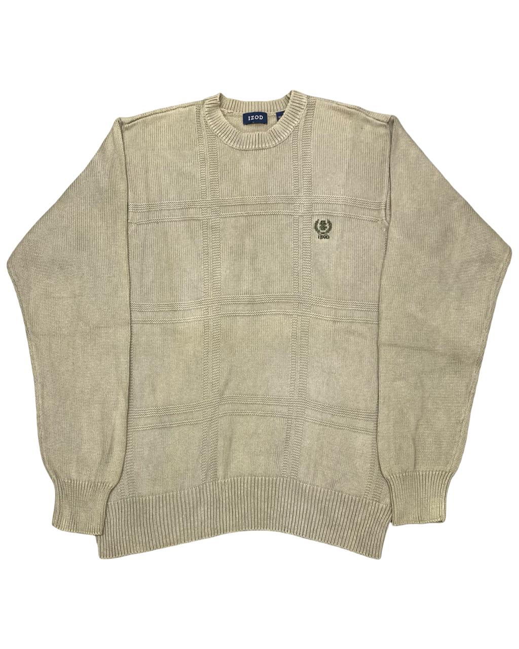 IZOD Beige Textured Grid Knit Crewneck Sweater | Size Medium | Chest 22.5”