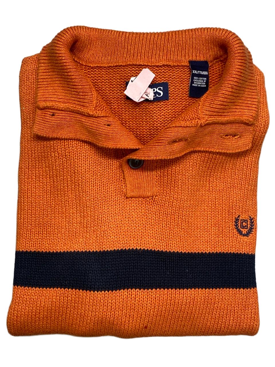 Chaps Orange & Navy Striped Button-Collar Knit Sweater | Size Large | Chest 24.5”