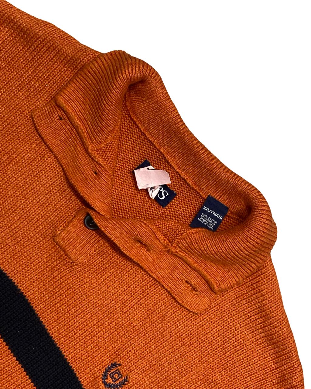 Chaps Orange & Navy Striped Button-Collar Knit Sweater | Size Large | Chest 24.5”