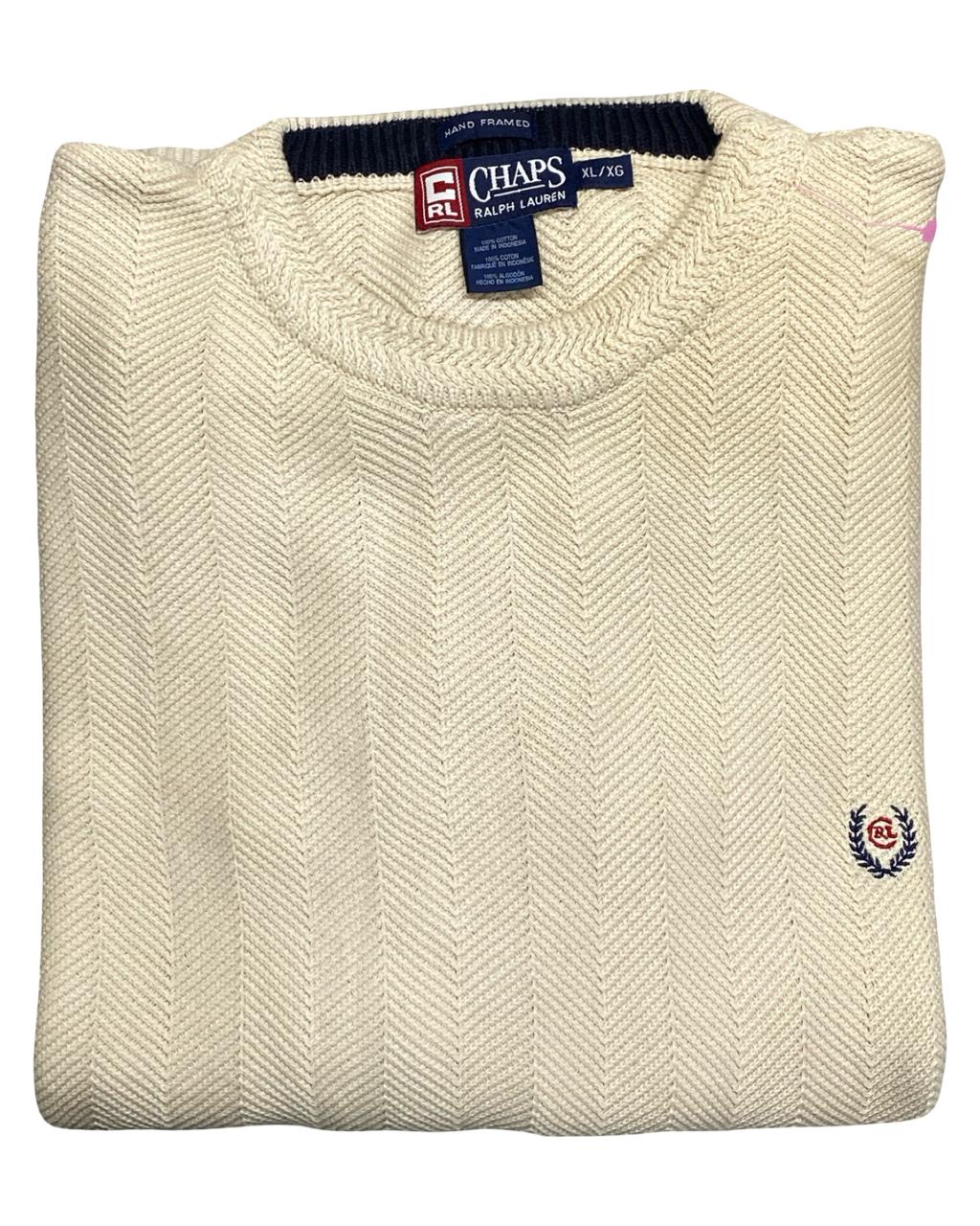 Chaps Ralph Lauren Cream Herringbone Knit Crewneck Sweater | Size Large | Chest 24.5”