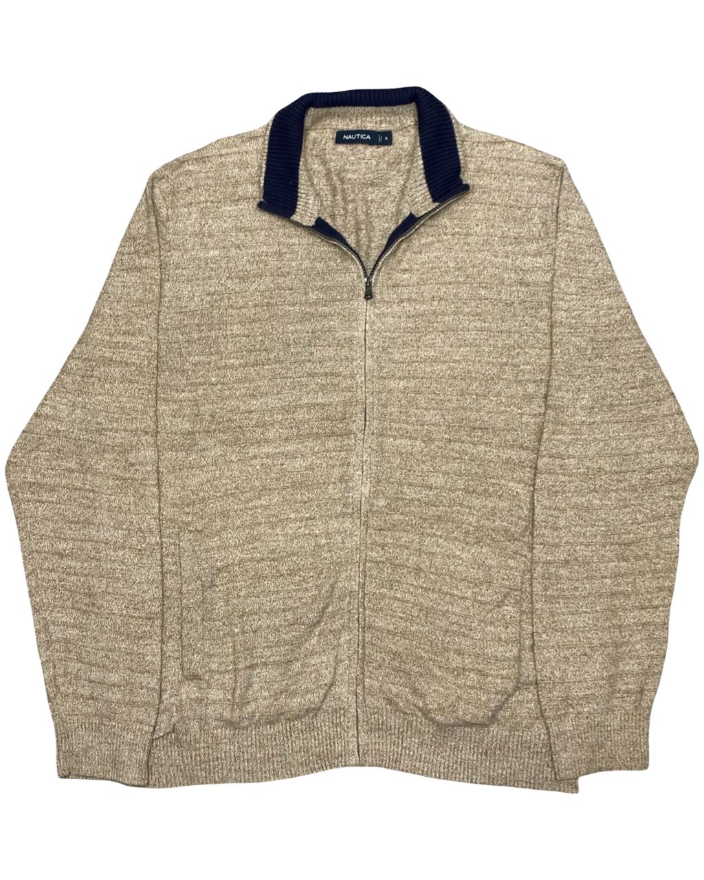 Nautica Beige Full-Zip Textured Knit Cardigan Sweater | Size Large | Chest 25”