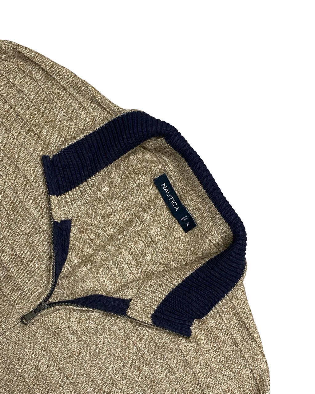 Nautica Beige Full-Zip Textured Knit Cardigan Sweater | Size Large | Chest 25”