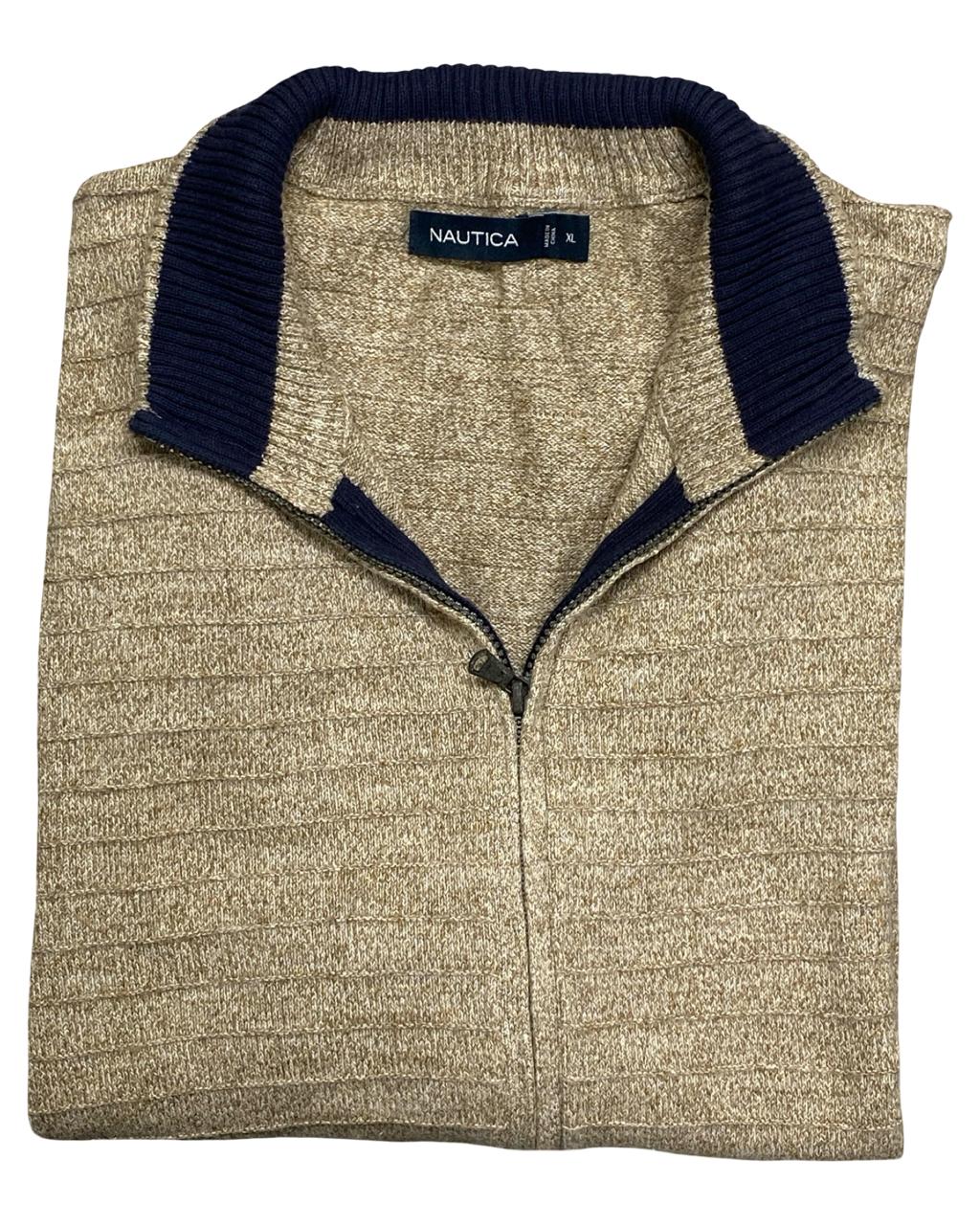 Nautica Beige Full-Zip Textured Knit Cardigan Sweater | Size Large | Chest 25”