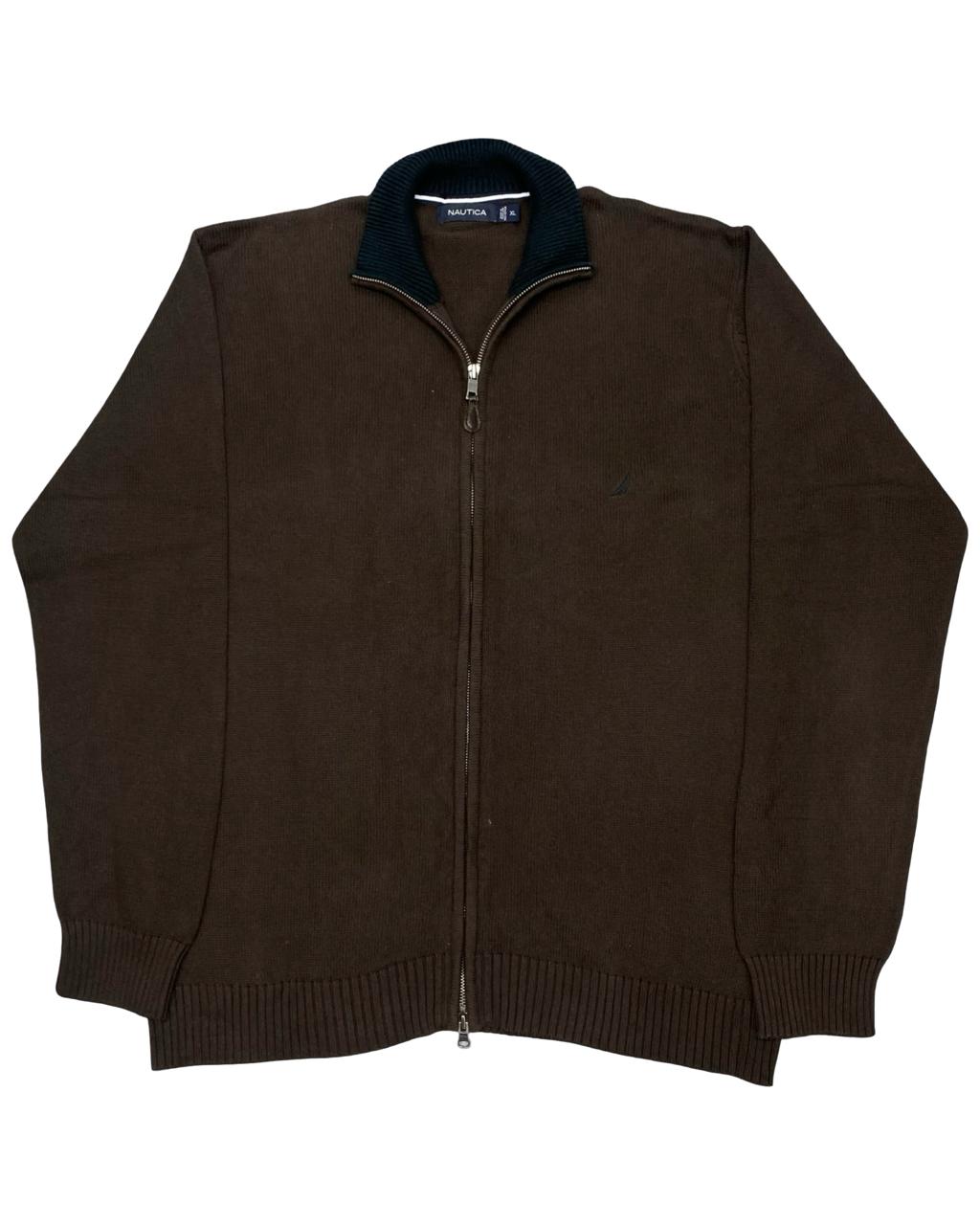 Nautica Dark Brown Full-Zip Cotton Knit Cardigan Sweater | Size Large | Chest 25”