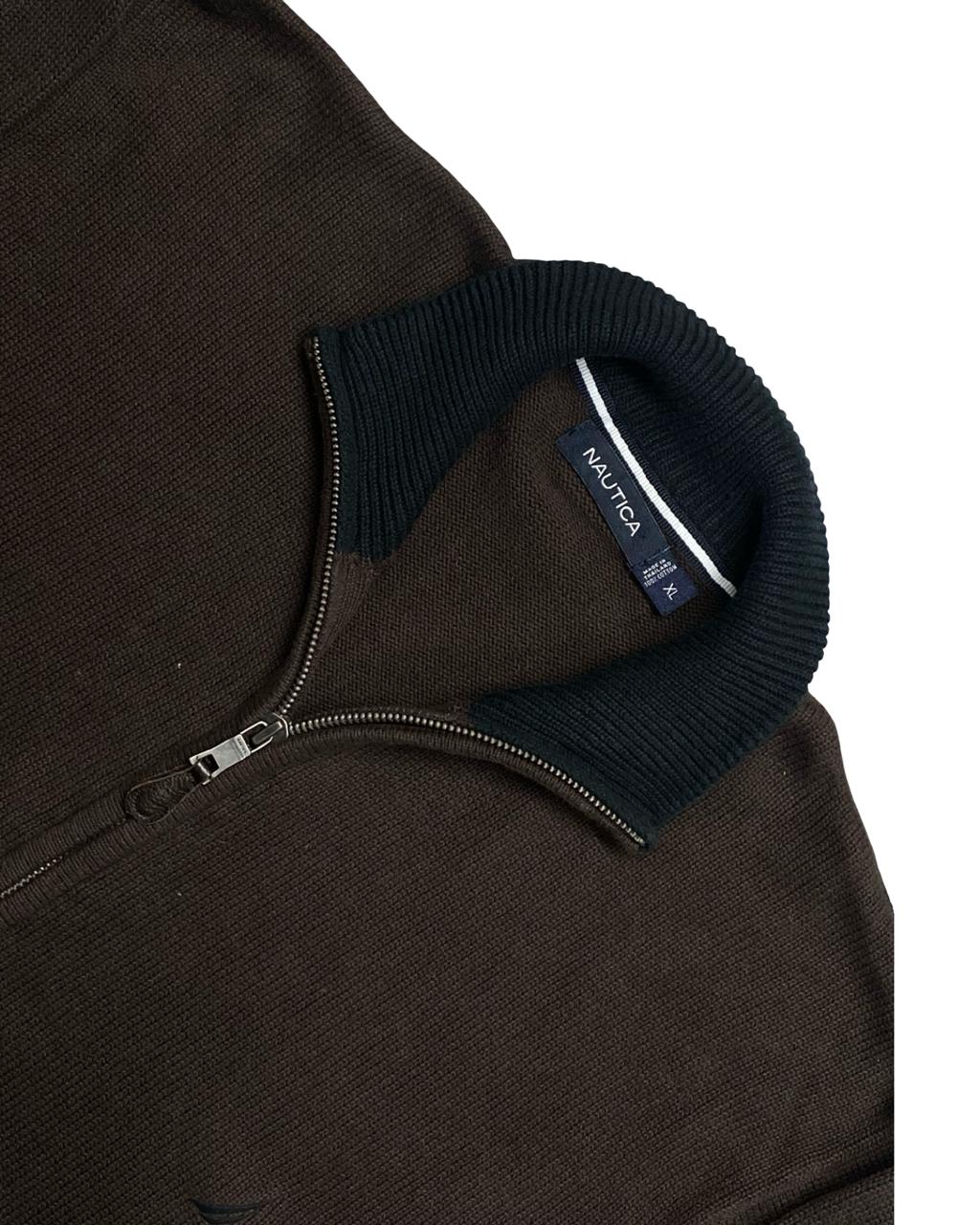 Nautica Dark Brown Full-Zip Cotton Knit Cardigan Sweater | Size Large | Chest 25”