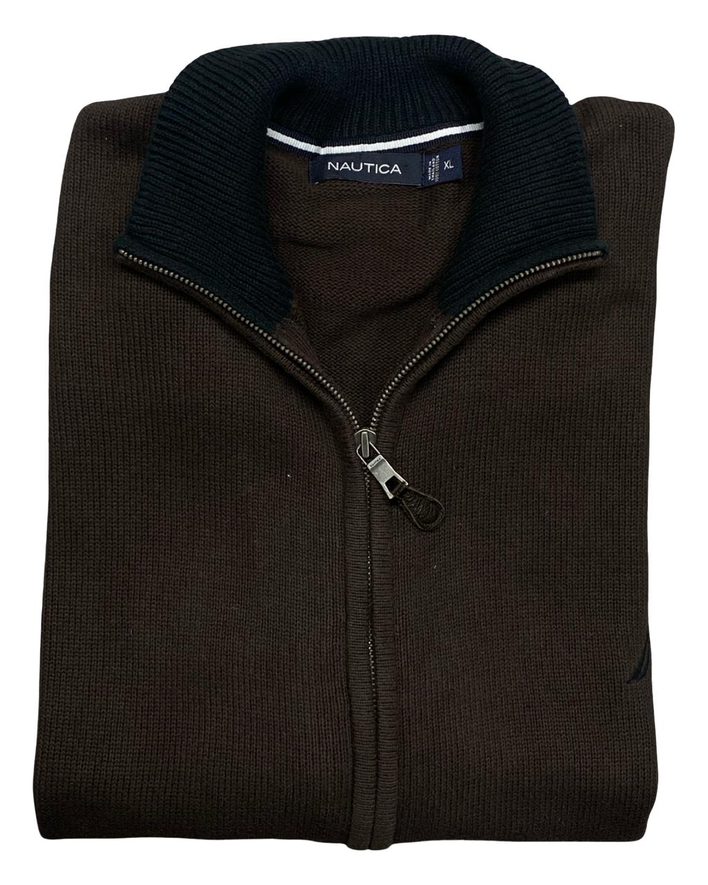 Nautica Dark Brown Full-Zip Cotton Knit Cardigan Sweater | Size Large | Chest 25”